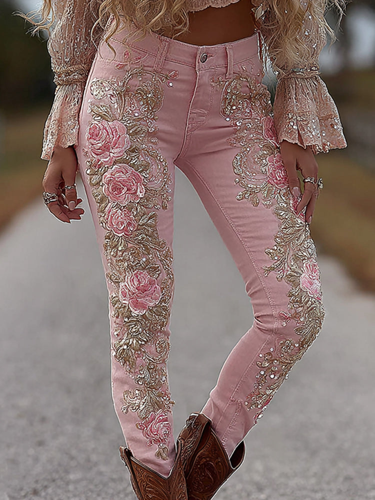 Women's Vintage Rose Floral Embroidery Art Loose Jeans
