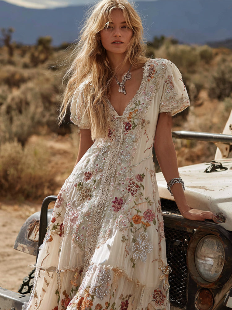 Bohemian Western Style Floral Embroidery White V-neck Short-sleeved Long Dress