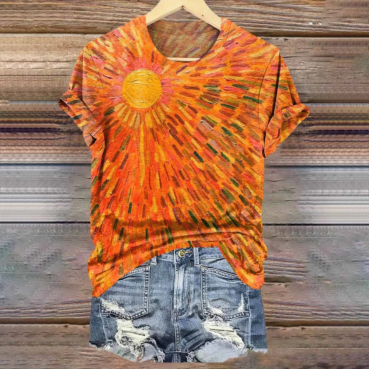 Women's Colorful Sun Print V-Neck T-Shirt