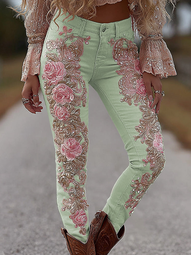 Women's Vintage Rose Floral Embroidery Art Loose Jeans