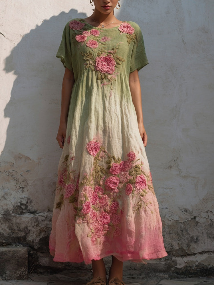 Vintage Pink Rose Embroidered Gradient Linen Maxi Dress