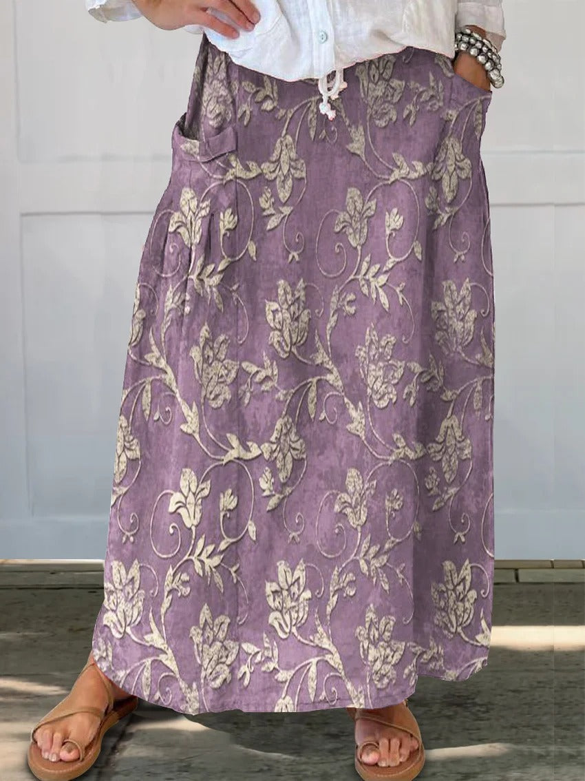 Women's  Flower Art  Print   Linen Pocket Skirt