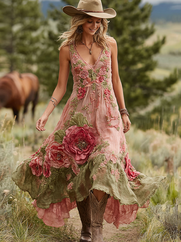 Vintage Rose Floral Embroidered Sleeveless Maxi Dress