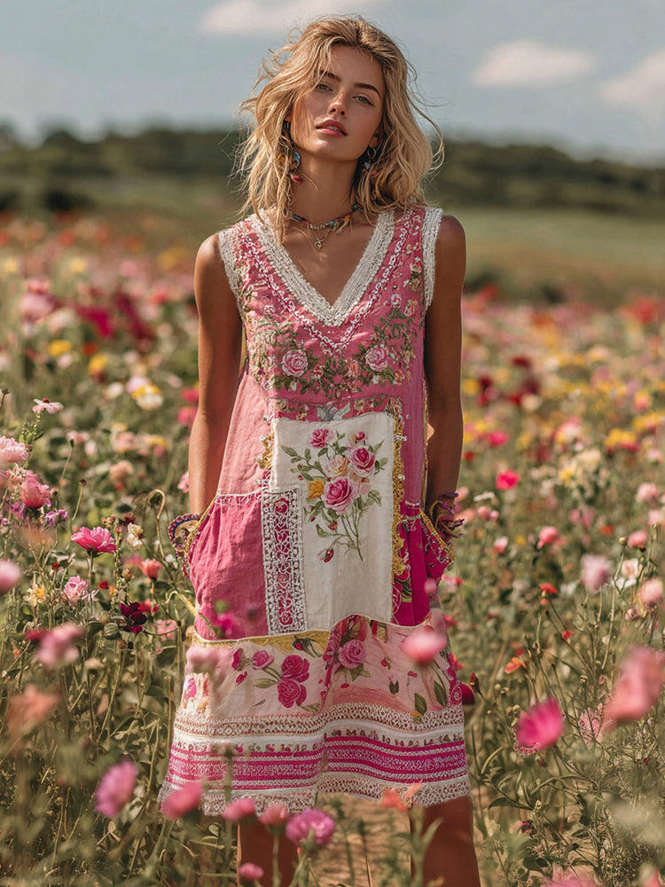 Women's Embroidered Rose Patchwork Midi Dress