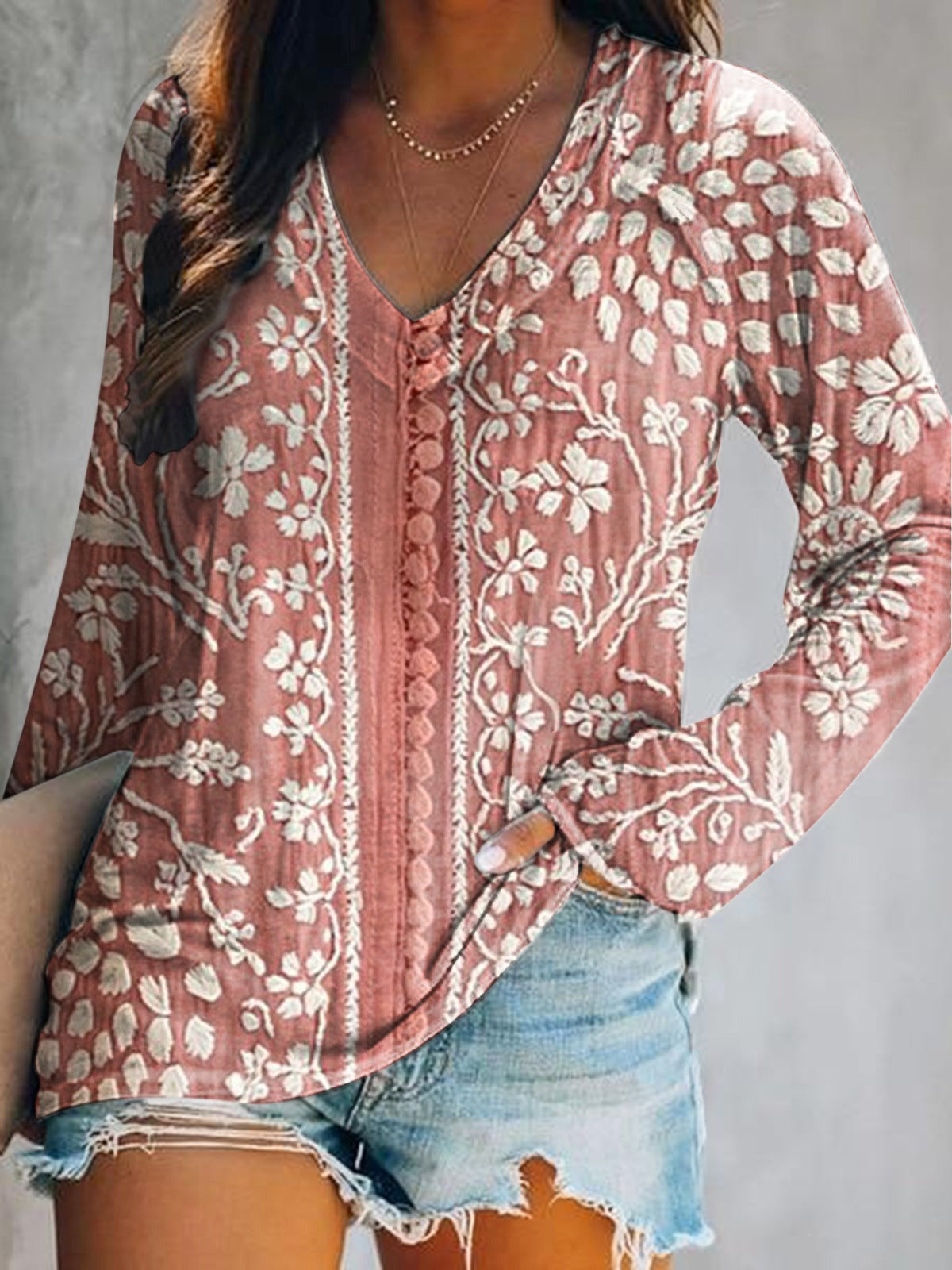 Women's Vintage Ethnic Floral Art Print Casual V-neck Long Sleeve T-shirt