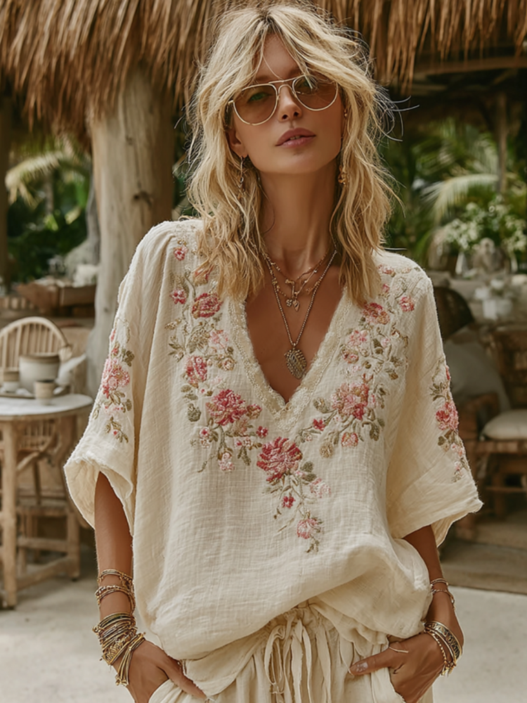 Vintage Pink Roses Art V Neck Linen Tunic