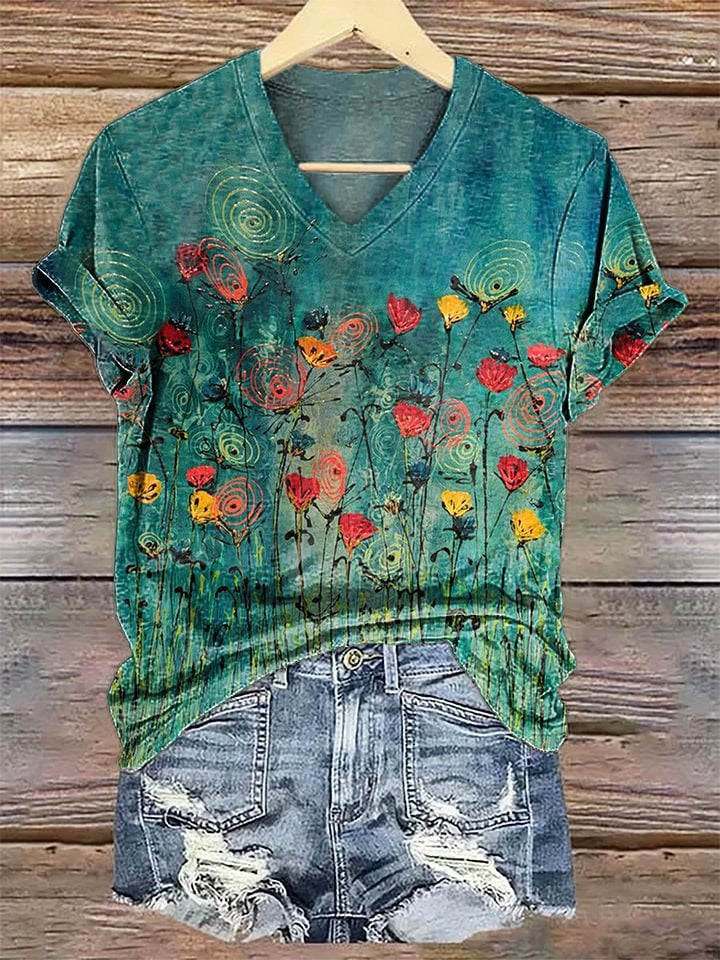 Women's Floral Pattern Art Print Casual Cotton Linen Shirt