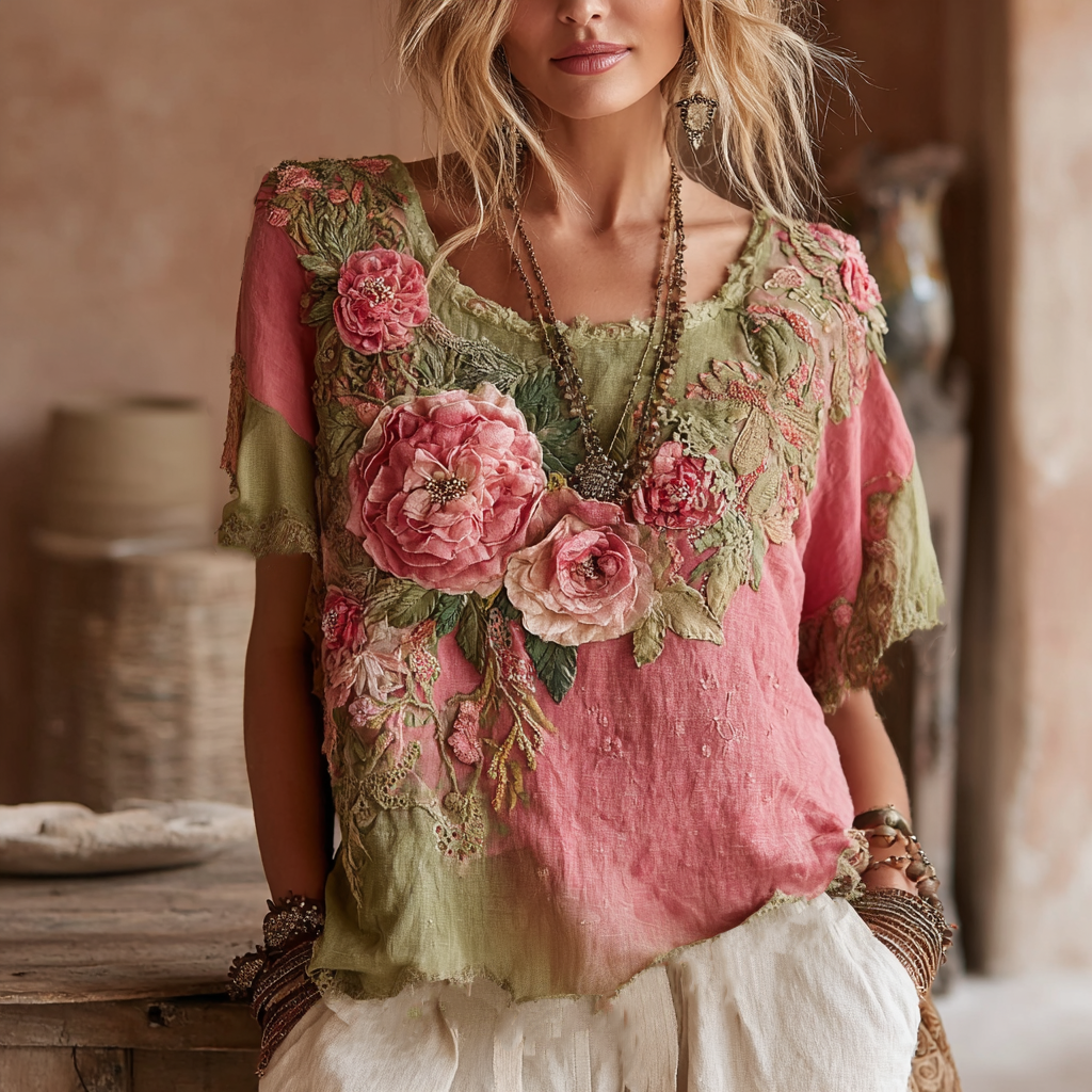 Women's Vintage Floral Pattern Gradient Crew Neck T-shirt