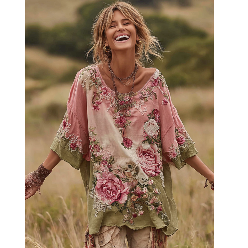Vintage Pink Roses Pattern Art Linen Tunic