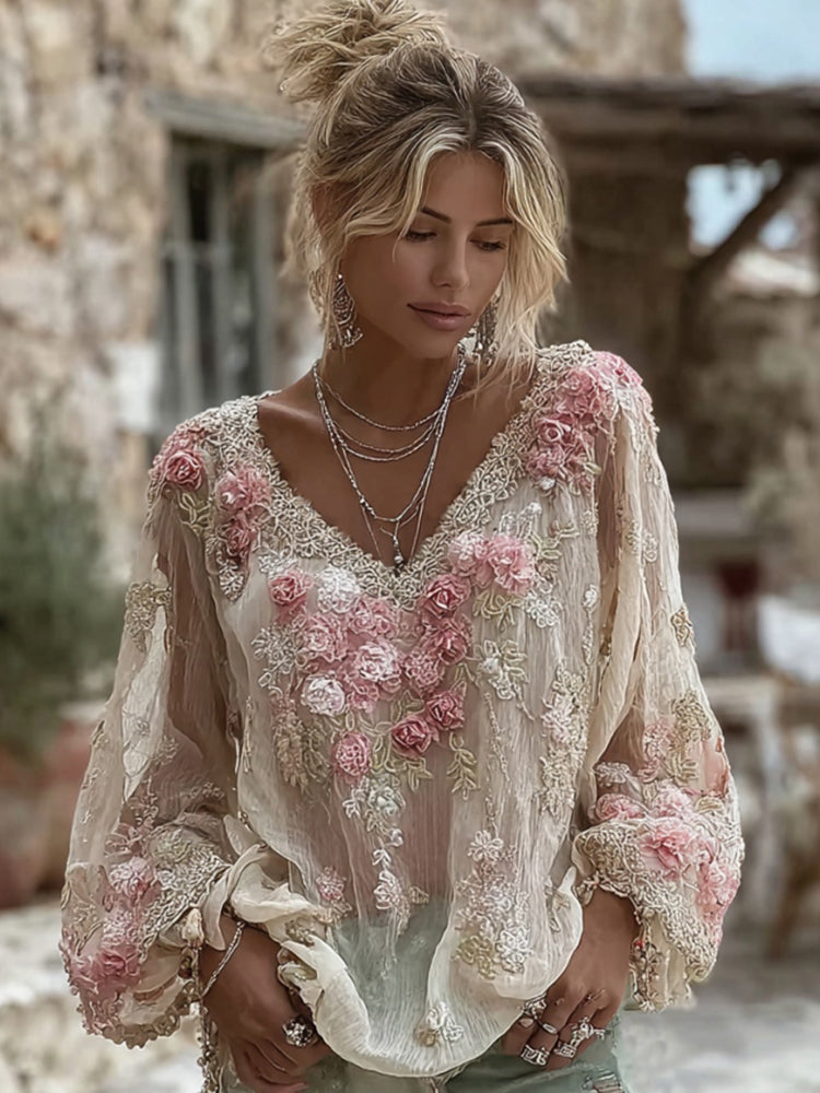 Women's Pink Floral Embroidery V-neck Linen Blend Long Sleeve T-shirt
