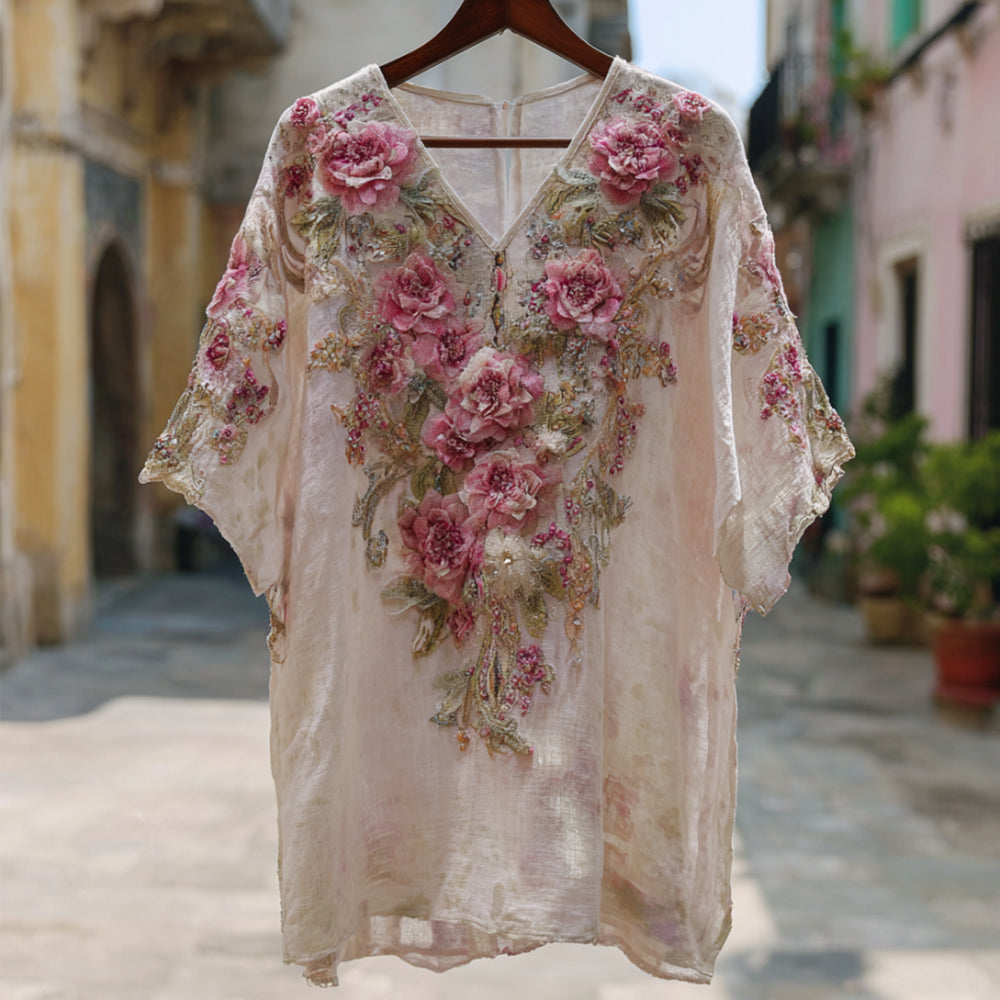 Bohemian Style Pink Flower Embroidery Thin And Light Vintage V-neck Top