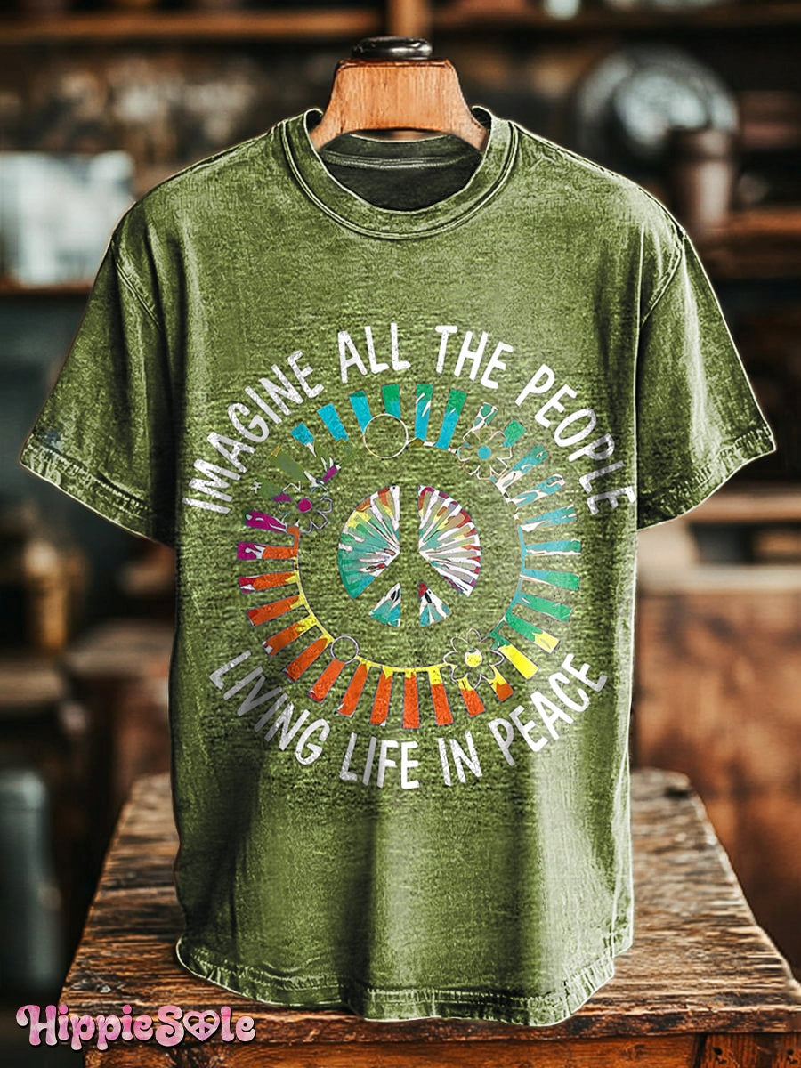 Unisex Hippie Imagine All The People Living Life in Peace Print Casual Loose Short Sleeve T-Shirt