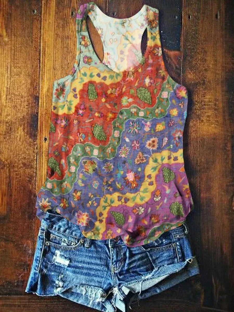 Women's Boho Floral Wave Collage Art Printed Cotton And Linen Casual Pants
