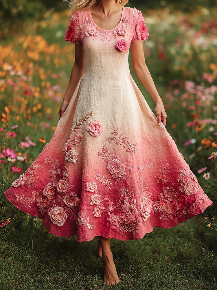 Pink Floral Embroidered Gradient Linen Maxi Dress