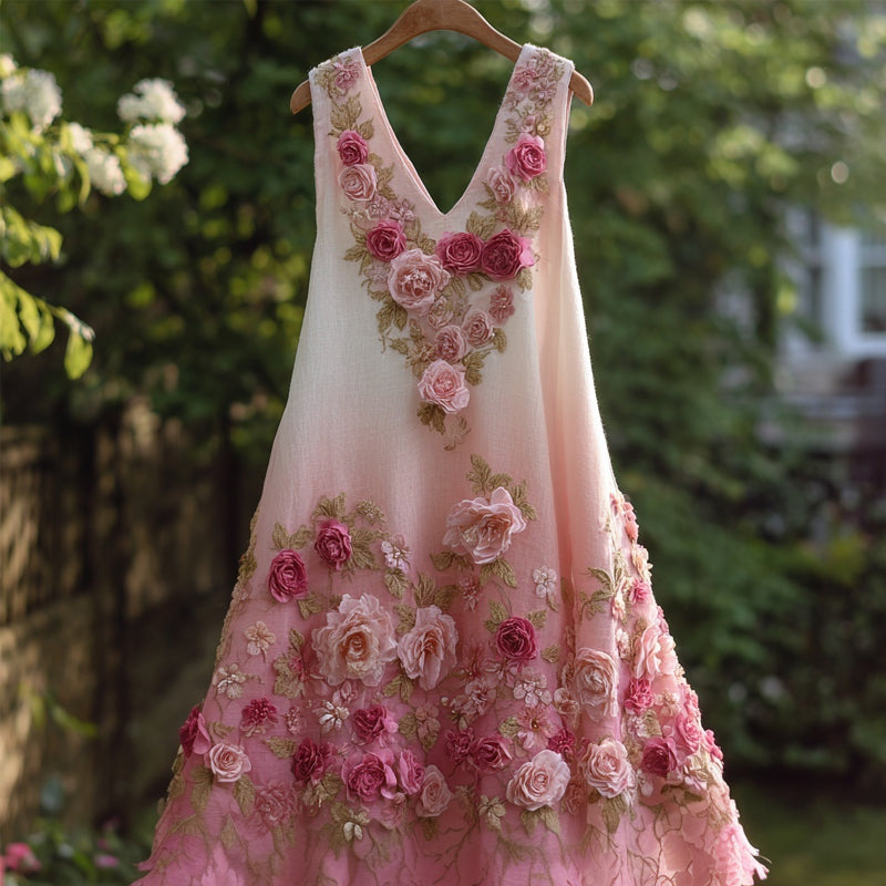 Vintage Pink Rose Embroidered Gradient Linen Midi Dress