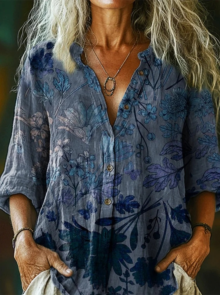 Women's Vintage Ethnic Floral Art Print Casual Cotton And Linen Shirt