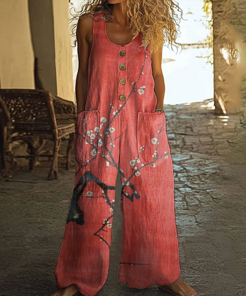 Retro Plum Blossom Art Print Casual Wide-Leg Jumpsuit