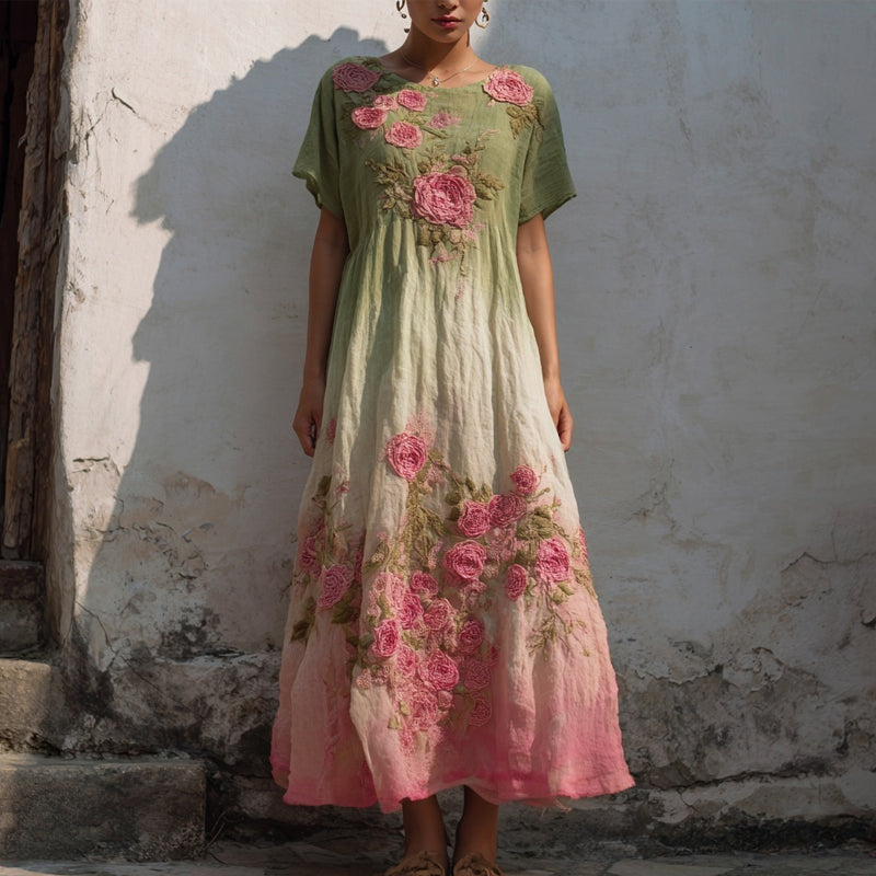 Vintage Pink Rose Embroidered Gradient Linen Maxi Dress