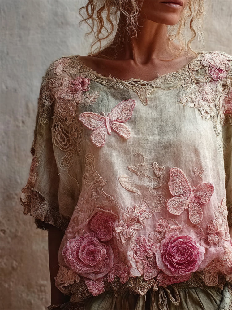 Pink Butterflies & Roses Embroidered Gradient Flowy Linen Shirt