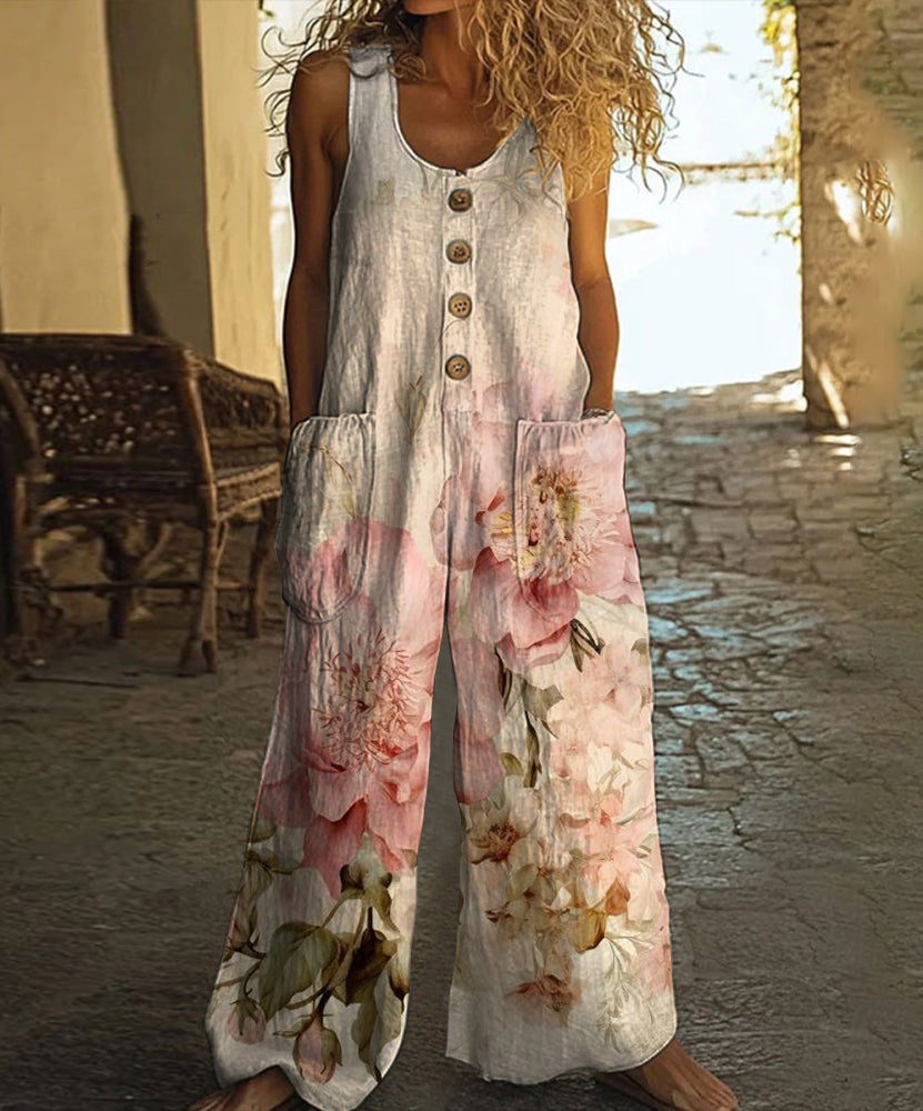 Vintage Floral Art Print Casual Wide Leg Jumpsuit