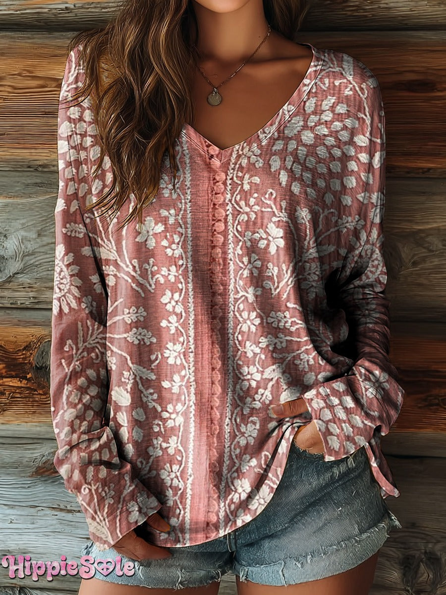 Women's Vintage Ethnic Floral Art Print Sleeveless Cotton Shirt