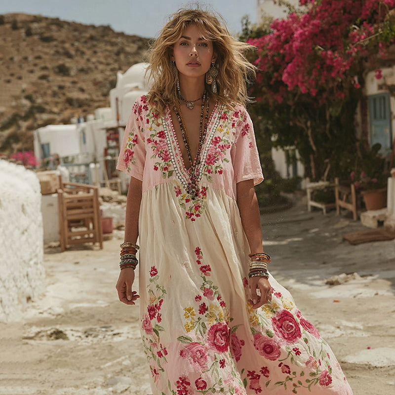Women's Pink Rose Embroidery V-neck Loose Linen Blend Midi Dress
