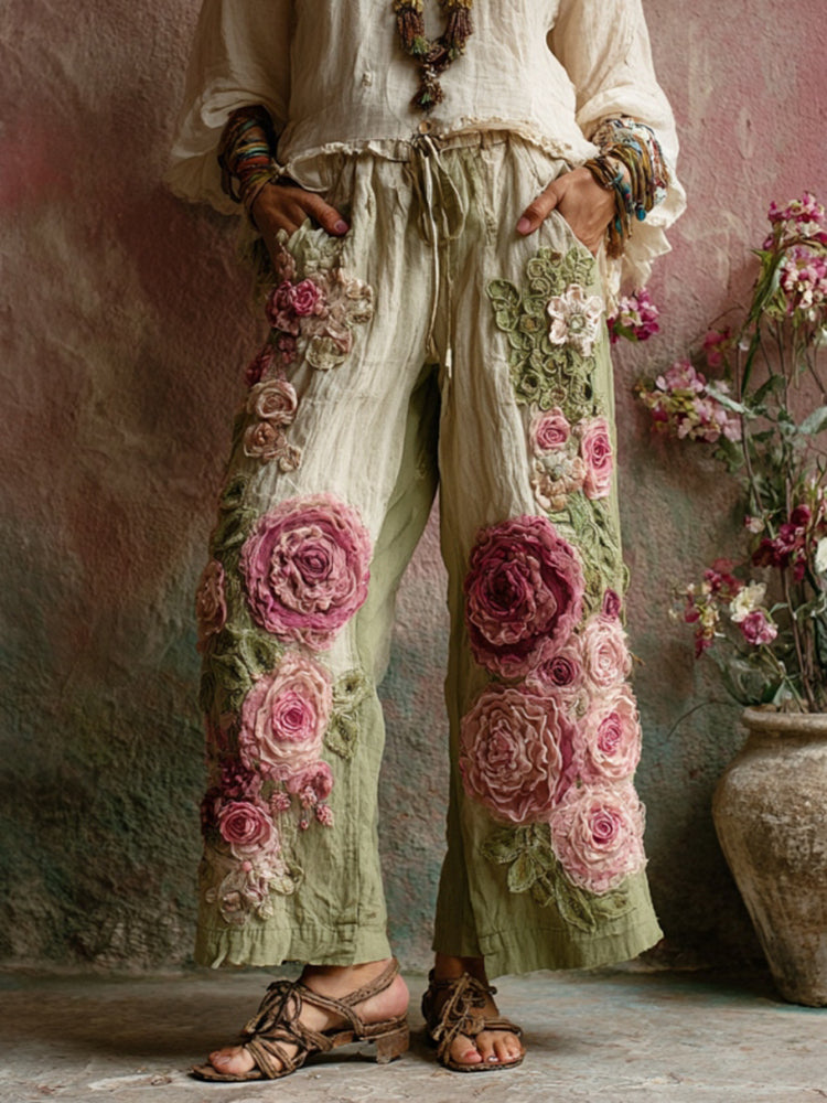 Vintage Floral Embroidered Art Print Linen Blend Pants