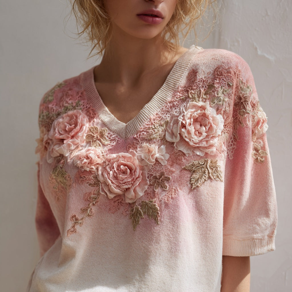 Women's Fashion Rose Embroidery Gradient Cotton V Neck T-shirt
