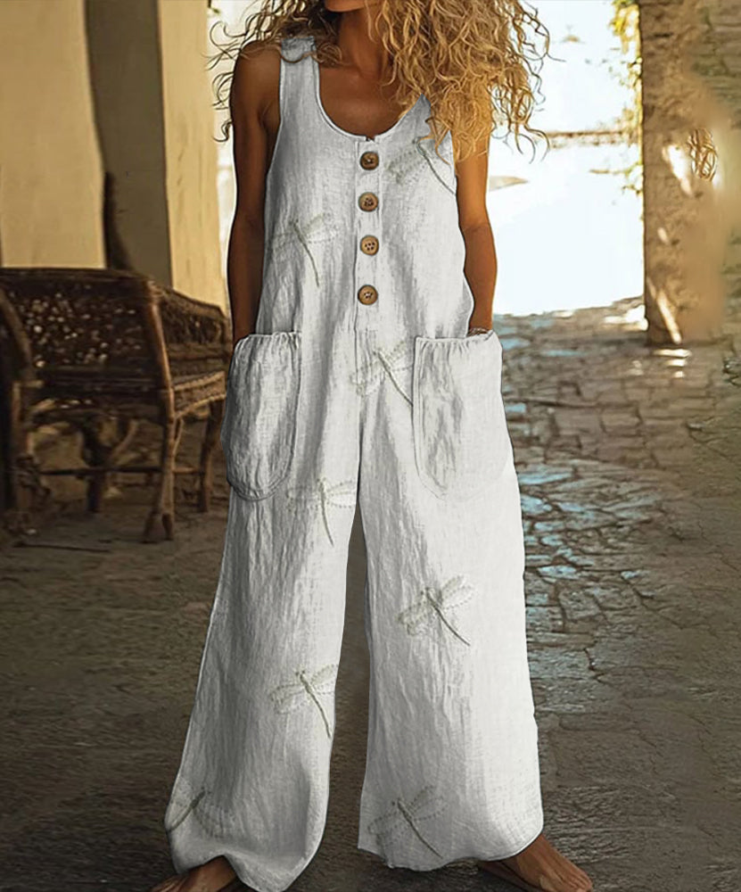 Retro Dragonfly Print Casual Wide-leg Jumpsuit