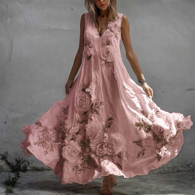 Vintage White Roses Fiber Art Flowy Linen Maxi Dress