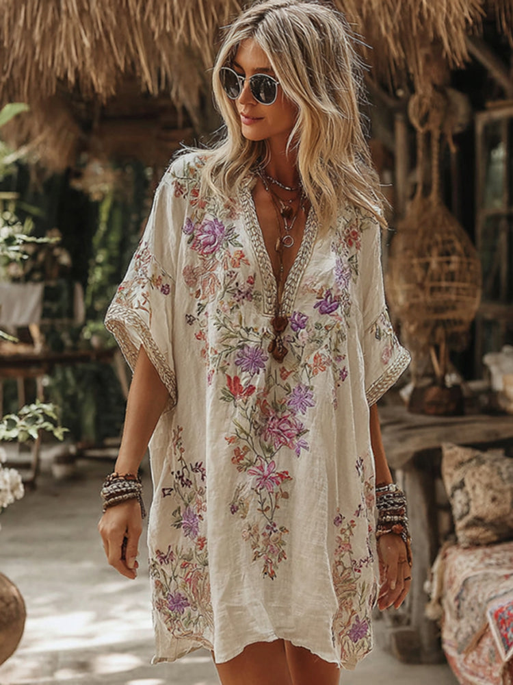Women's Floral Embroidery Art V Neck Comfy Short Sleeve Midi Dress