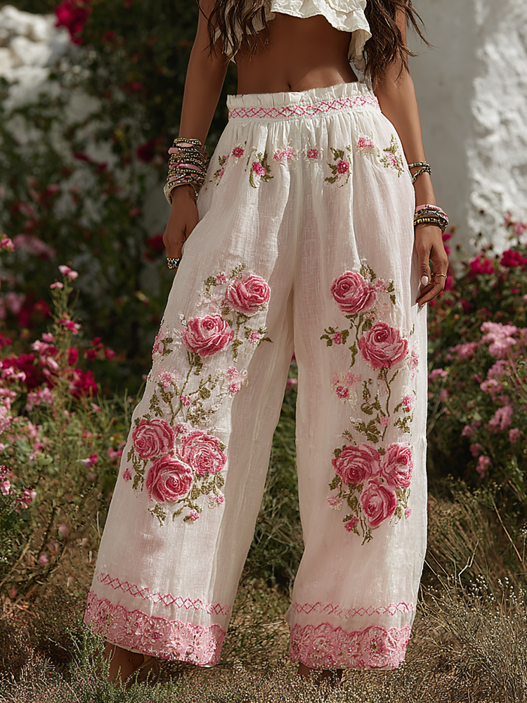 Women's Patchwork Rose Floral Contrast Waist Elastic Pocket Pants