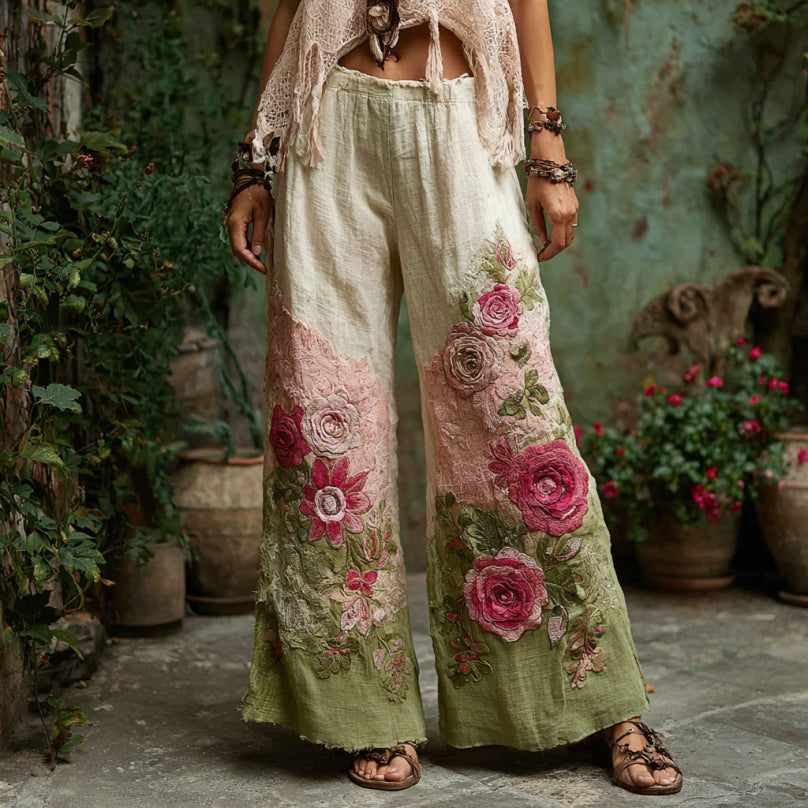 Floral Embroidered Art Print Linen Blend Pants