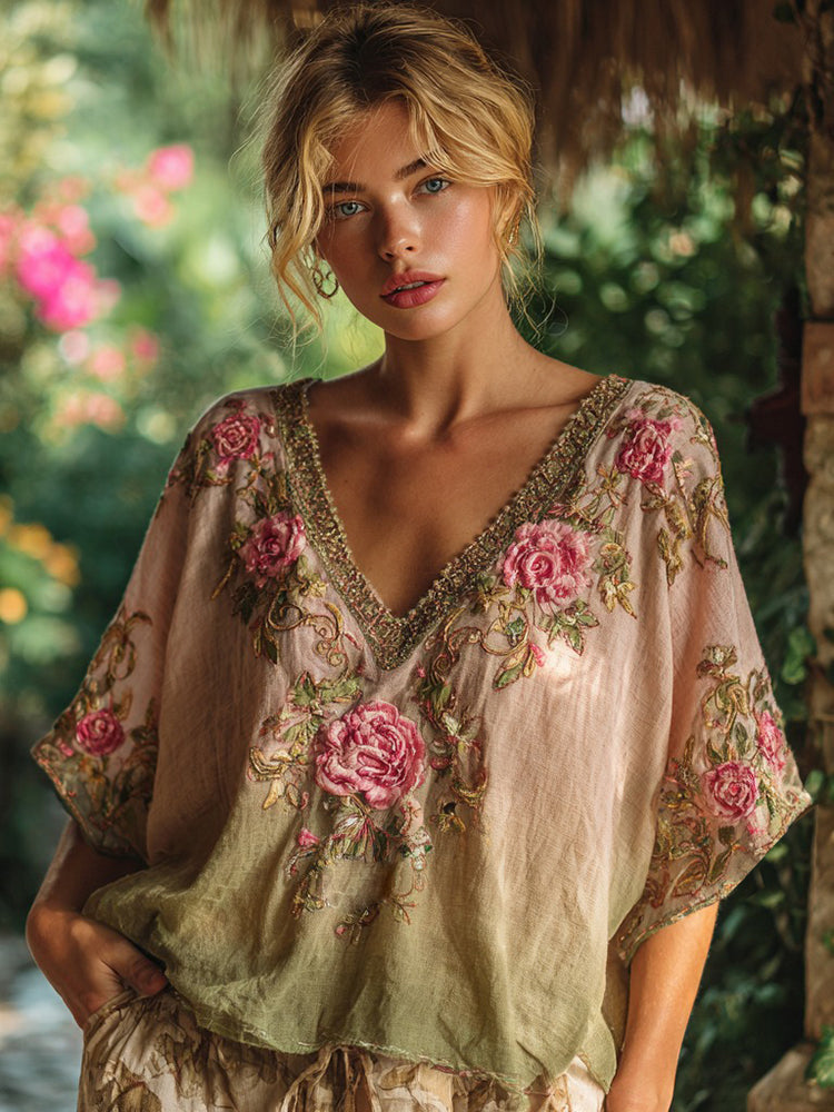 Women's Pink Floral Embroidery Art V Neck Linen Comfy T-shirt