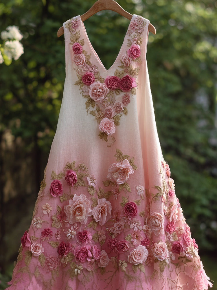 Vintage Pink Rose Embroidered Gradient Linen Midi Dress
