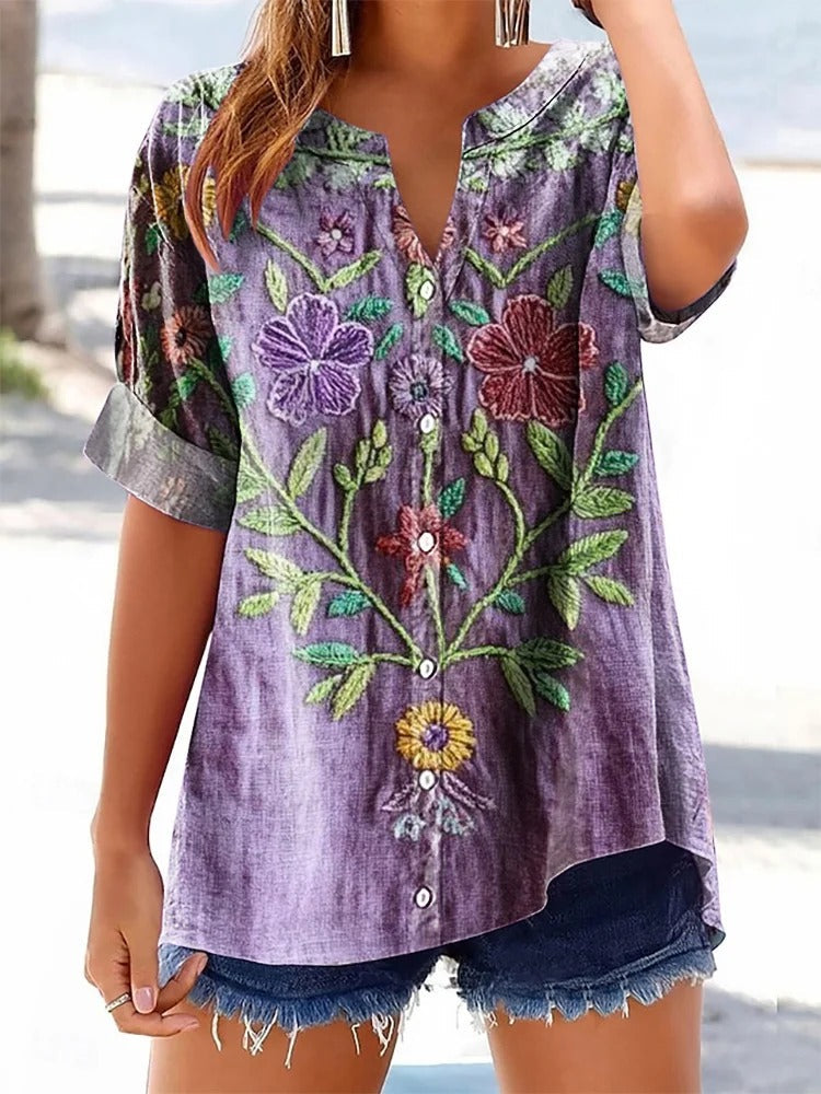 Women's Vintage Ethnic Floral Art Print Casual Cotton Linen Shirt