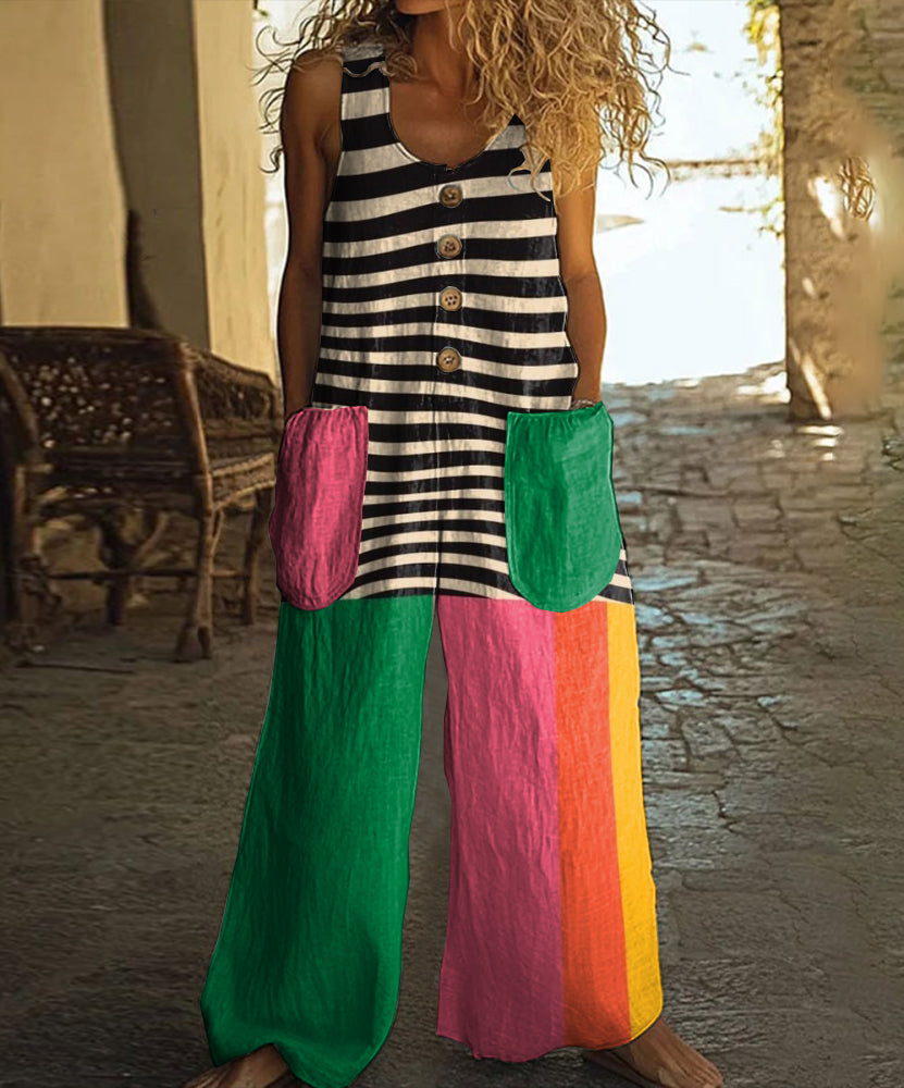 Retro Abstract Geometric Art Print Casual Wide Leg Jumpsuit