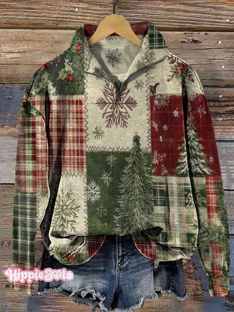 Vintage Christmas Patchwork Art Print Casual  Sweatshirt
