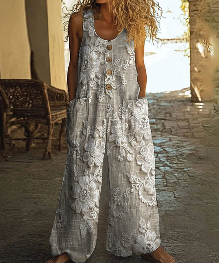Vintage Floral Embroidered Pattern Art Print Casual Wide-leg Jumpsuit