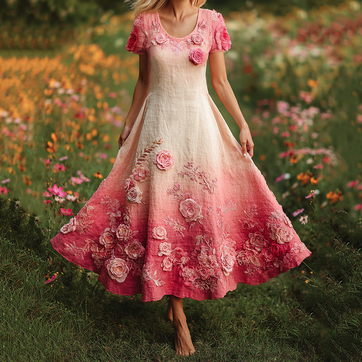 Pink Floral Embroidered Gradient Linen Maxi Dress
