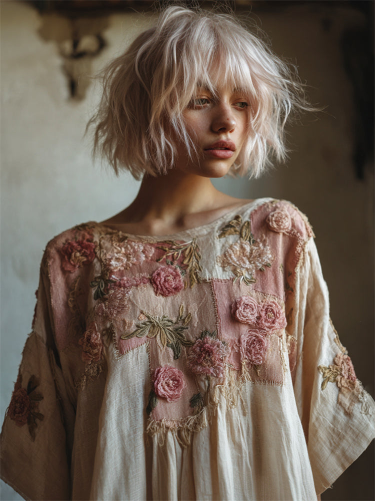 Cottage Pink Roses Embroidered Patchwork Linen Shirt