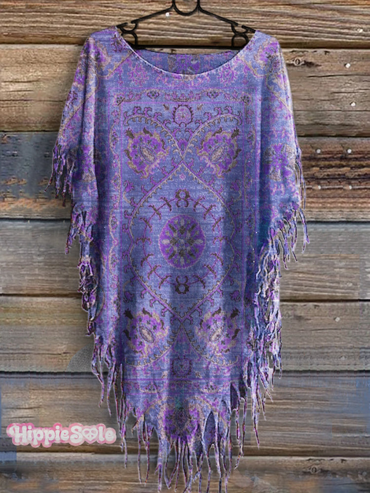 Women's Vintage Floral Totem Print Punk Hippie Batwing Tussle Fringes Poncho Dress