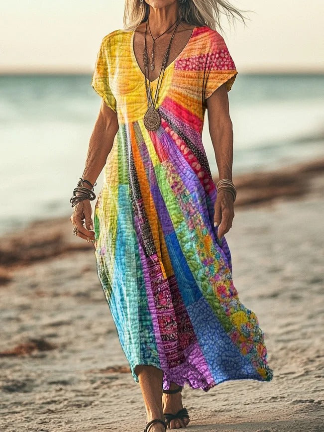 Women's Colorful Sun Collage Art Print Casual Cotton And Linen Shirt