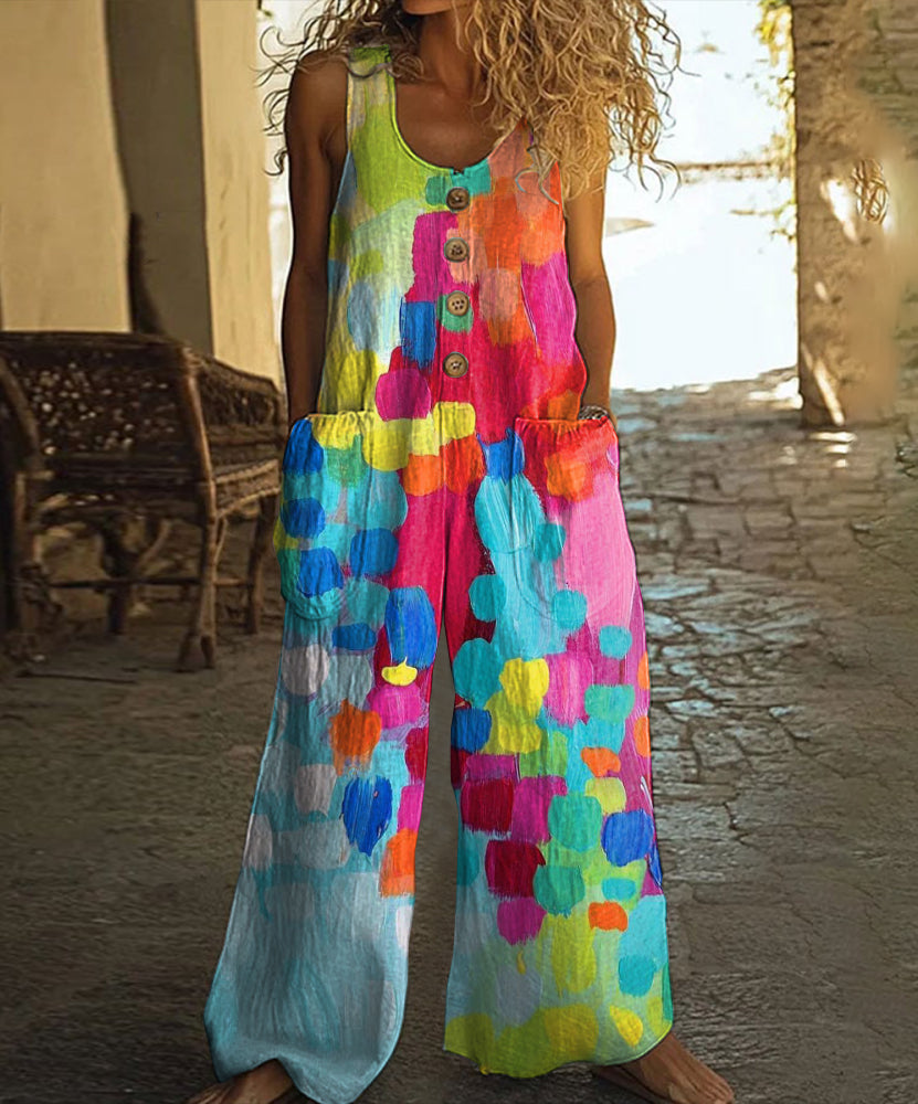 Retro Color Block Art Print Casual Wide Leg Jumpsuit