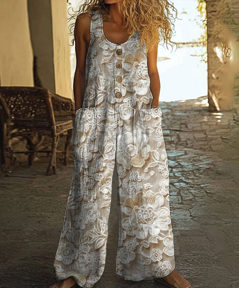 Vintage Floral Pattern Art Print Casual Wide-leg Jumpsuit