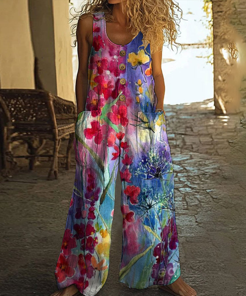 Vintage Floral Art Print Casual Wide Leg Jumpsuit