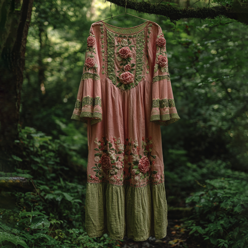 Classy Gradient Pink Roses Cancer Awareness Embroidered Round Neck Linen Maxi Dress