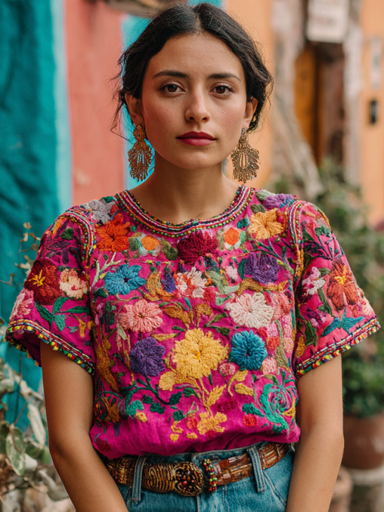 Women's Retro Ethnic Pink Awareness Flower Embroidery Printed T-shirt