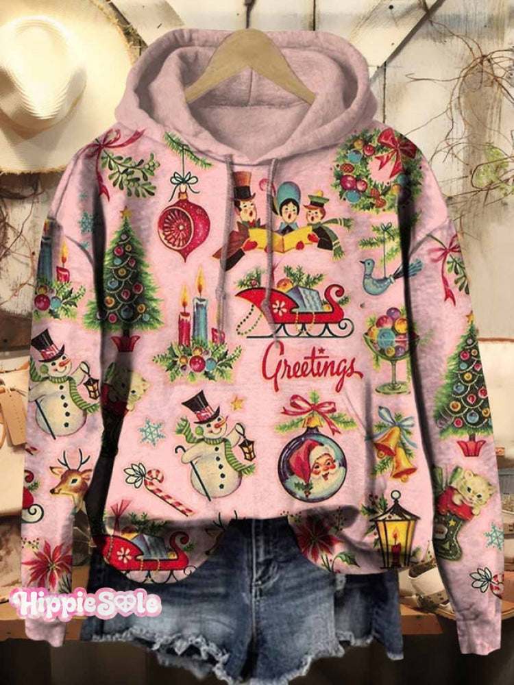 Women's Christmas Retro Old Fashion Vintage Scenes Print Casual Hoodie Sweatshirt