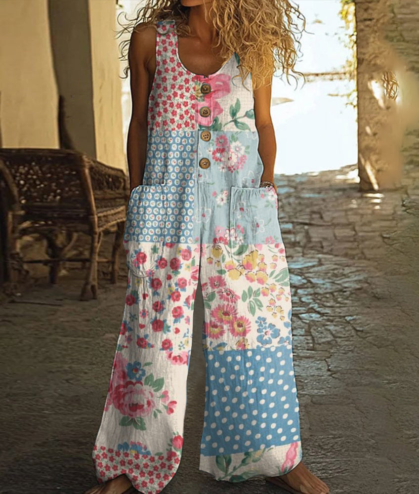 Vintage Floral Art Print Casual Wide Leg Jumpsuit